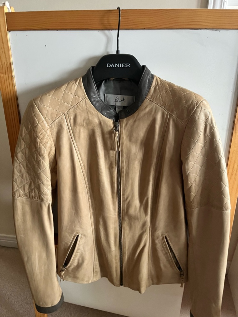 Link Tan Leather Bomber Jacket with Black Trim